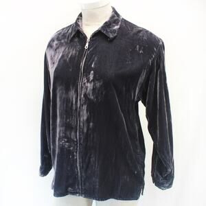 Jay Y. Ko Vtg Studio Rayon Velvet Navy Jacket Blouse Top Zip Collared Casual XL